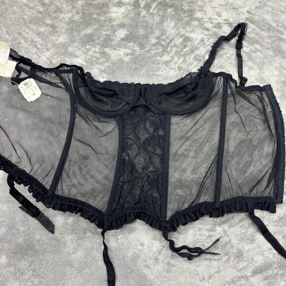 VTG Victoria's Secret Black Corset Garter Bustier 36B Sheer Lace Gold Label gx - Picture 6 of 10